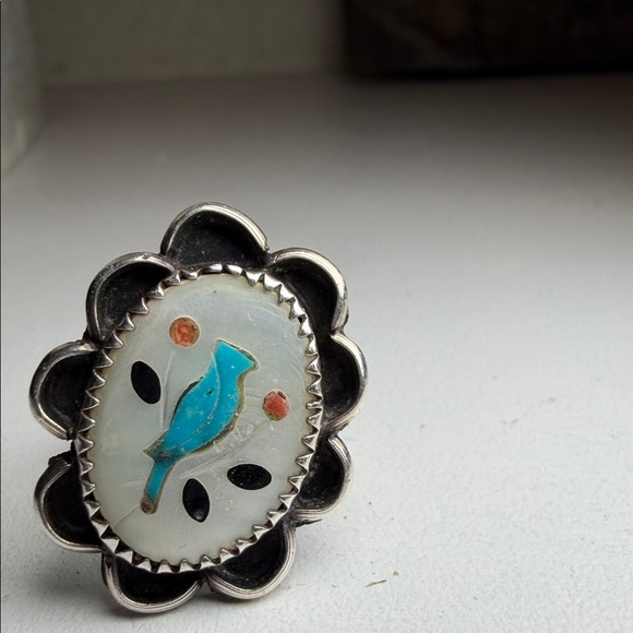 Vintage Zuni Turquoise Bird Inlay Ring – Size 6.5 – Sterling Silver – Signed “T” - Picture 11 of 12
